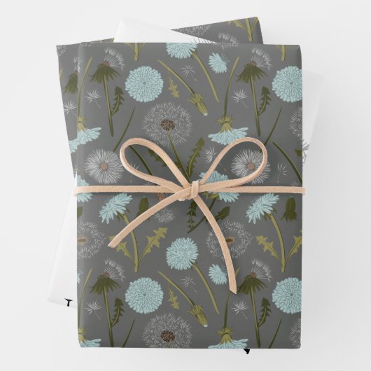 Paardebloem Blauw Grijs Bloemen Patroon Inpakpapier Vel (In situ)
