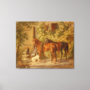  paarden aan de Porch Albrecht Adam Canvas Afdruk