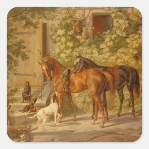 paarden aan de Porch Albrecht Adam Vierkante Sticker
