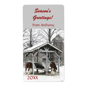 Paarden bij stable Season's Greetings wijnlabel Etiket