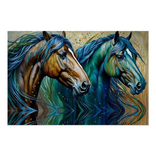 Paarden Blauwgroen blauw groen bruin Perfect Poster (Voorkant)