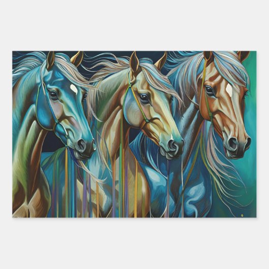 Paarden Blauwgroen, inpakpapier Flat Sheet Set van (Voorkant)