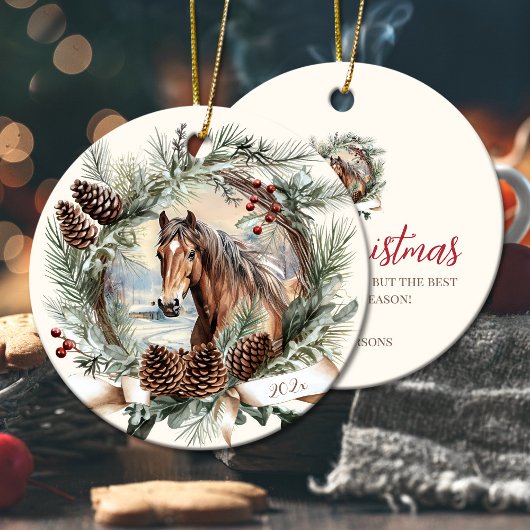 Paarden boerderij dierenkerst pinecone krans keramisch ornament
