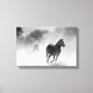Paarden die door mist lopen in zwart-wit kanaal canvas afdruk