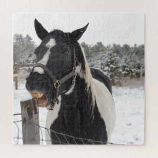 Paarden die een omheining in de sneeuw kauwen legpuzzel