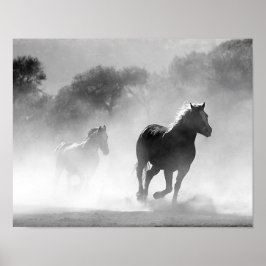 Paarden die lopen in de mist zwart-wit poster