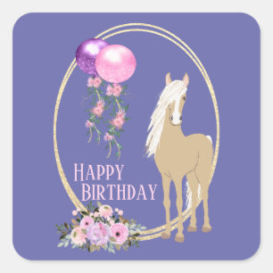  paarden en bloemen Roze Periwinkle Birthday Vierkante Sticker