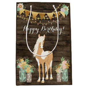 paarden en bloemen Rustic Wood Birthday Medium Cadeauzakje