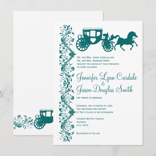 Paarden- en carriage Blauwgroen bruiloft-uitnodigi Kaart (Voorkant / Achterkant)