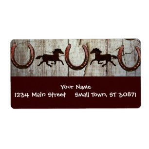 Paarden en Hoefijzers op Barn Wood Cowboy Gifts Etiket