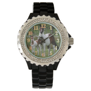 Paarden en kool : Rhinestone Black Enamel W Horloge