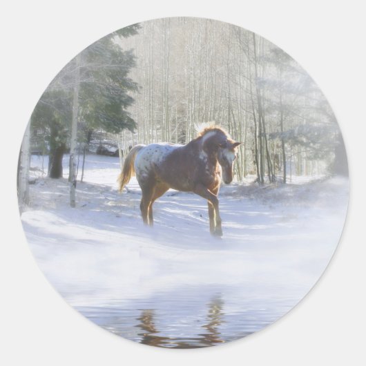 Paarden en sneeuwmooie feestdag ronde sticker (Voorkant)