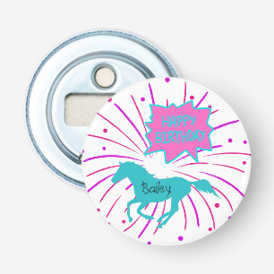 Paarden Happy Birthday roze Paarse Turquoise Button Flesopener