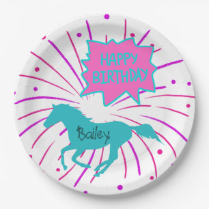 Paarden Happy Birthday roze Paarse Turquoise Papieren Bordje