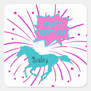 Paarden Happy Birthday roze Paarse Turquoise Vierkante Sticker