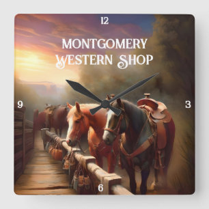 Paarden Hitched to a Rail Vierkante Klok