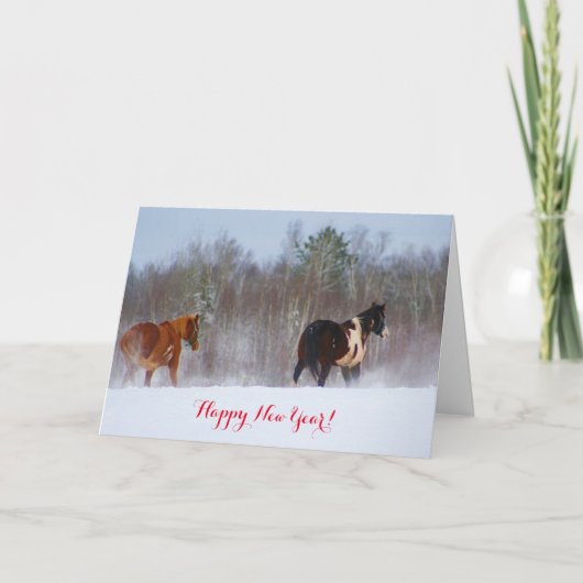 Paarden in de kaart van het sneeuwNieuwjaar (Voorkant)