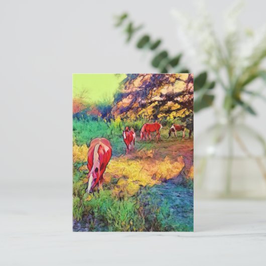 Paarden in een Pasture Digitaal Schilderij Briefkaart (Staand voorkant)