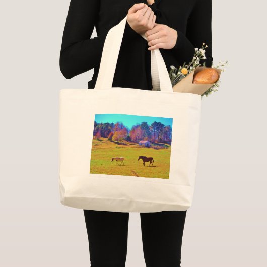 Paarden in een regenbooggekleurd veld grote tote bag (Voorkant (product))