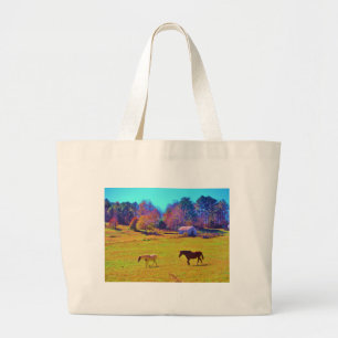 Paarden in een regenbooggekleurd veld grote tote bag