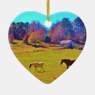 Paarden in een regenbooggekleurd veld keramisch ornament