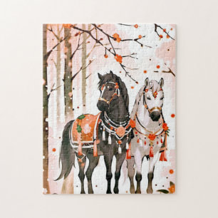 Paarden in een rood bos legpuzzel