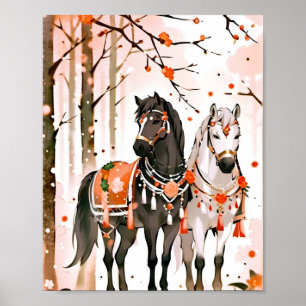 Paarden in een rood bos poster