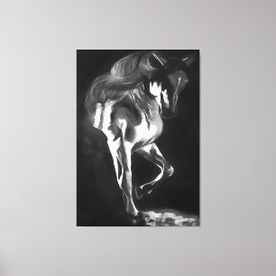 Paarden in grijs op zwart canvas afdruk