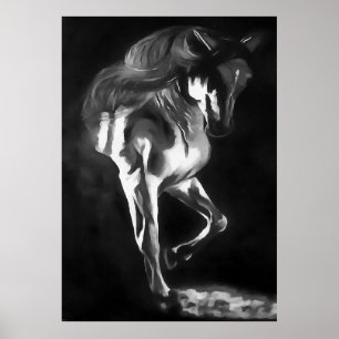 Paarden in grijs op zwart poster