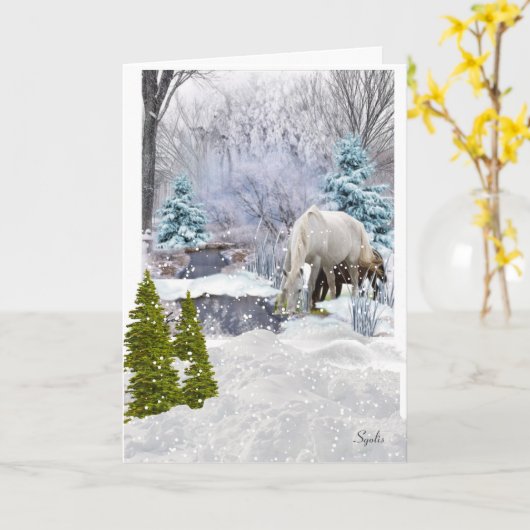 Paarden in Winter Wonderland Kerstfeestdag Kaart (Gele Bloem)
