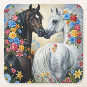 Paarden omlijst door bloemen Onderzetter
