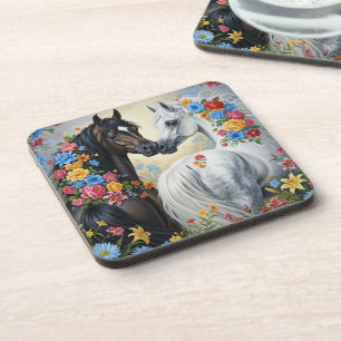 Paarden omlijst door bloemen Onderzetter