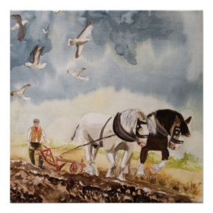 Paarden Ploegen Aquarel Perfect Poster