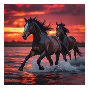 Paarden rennen wild onder een vurige hemel foto afdruk