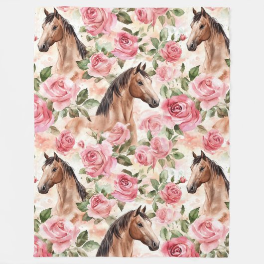 Paarden  Rozen Bloemen Fleece Deken (Voorkant)