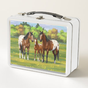Paarden van de bruine baai Appaloosa in de zomerpe