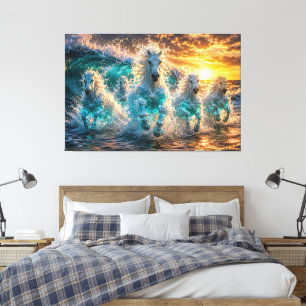 Paarden van de Oceaan Geest Fantasie Zonsondergang Canvas Afdruk