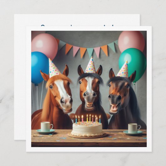 Paarden vieren verjaardag w/taart en petten kaart (Voorkant / Achterkant)