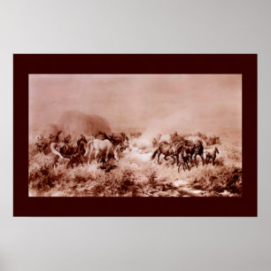 PAARDEN WEIDEN Antiek Bruin, Sepia Poster