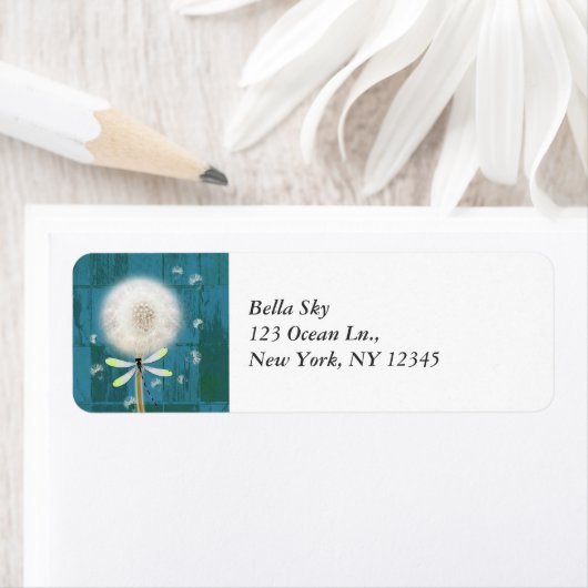 Paardenbloem libel rustiek blauw schuurhout etiket (Insitu)