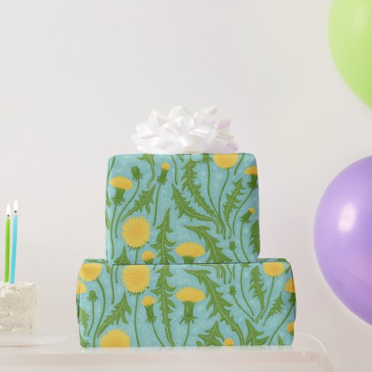 Paardenbloemen, groen, geel en blauw cadeaupapier (Feestgeschenken)