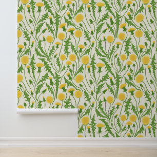 Paardenbloemen, groen, geel en wit behang