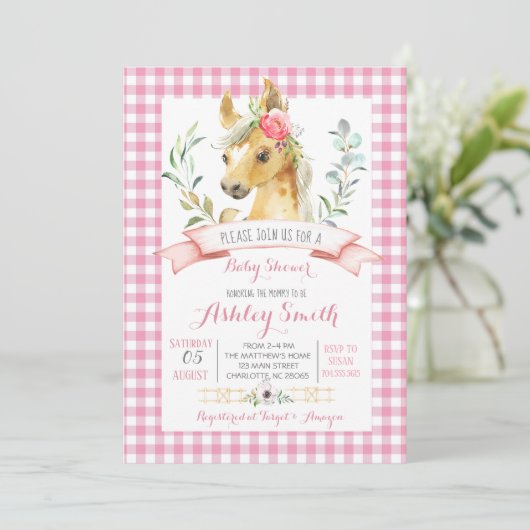 Paardenboerderij baby shower uitnodiging roze (Staand voorkant)