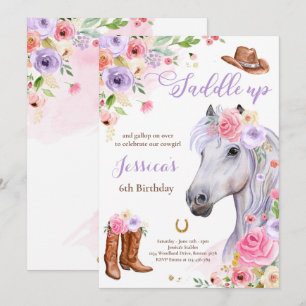 Paardenfeest Cowgirl Lila Floral Birthday Kaart