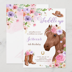Paardenfeest Cowgirl Lila Floral Birthday Kaart