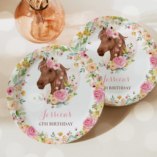 Paardenfeest Cowgirl roze Floral Birthday Papieren Bordje