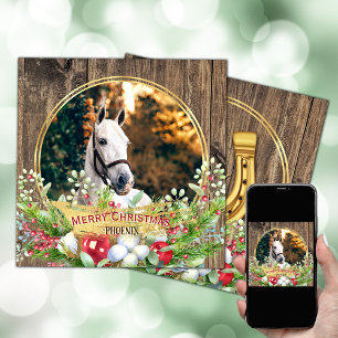 Paardenfoto hout lijst gouden Kerst Feestdagenkaart