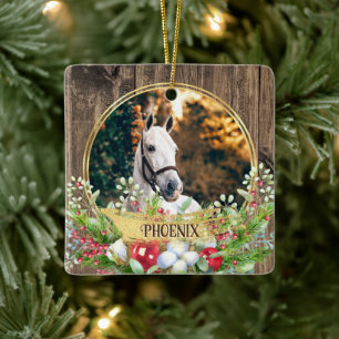 Paardenfoto hout lijst gouden Kerst Keramisch Ornament