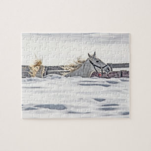Paardengaloping in sneeuw legpuzzel