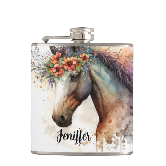 Paardengezicht met bloemenkrans heupfles (Voorkant)
